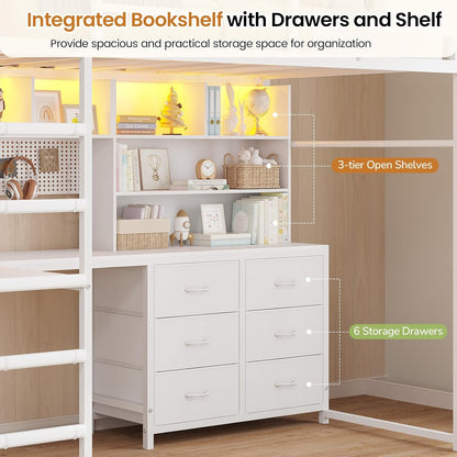 Loft Bed Twin Size with L-Shaped Desk,Bookshelf and Charging Station Metal Twin Loft Bed with 6 Storage Drawers,Open Shelves and Hutch,Loft Twin Beds with Led Lights and Safety Guardrail,White4