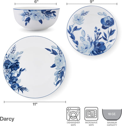 Darcy Bone China Lightweight Chip Resistant 12 Piece Dinnerware Set, Service for 4,Blue and White4