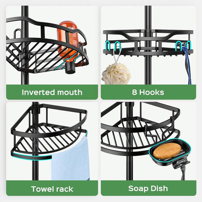 Shower Caddy Tension Pole: Rustproof Quick Install Standing Corner Bathroom Organizer Shelf on Floor for Renters - 4-Tier Large Capacity Storage Rack with Soap Holder for Apartment -Black3
