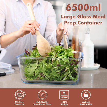 6500Ml / 220 Oz / 28 Cups Extra Large Glass Food Storage Containers with Lids - Leakproof Glass Meal Prep Containers with Locking Lids for Roasting & Storing Leftover - Microwave & Oven Safe6