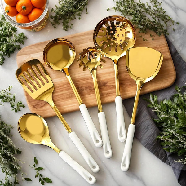 Stainless Steel Gold Kitchen Utensils Set with Holder, 7Pcs White5