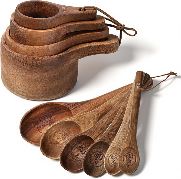 10-Piece Wooden Measuring Cups and Spoons Set, Handcrafted Acacia Wooden Measuring Cups - Solid Acacia Wood, Laser Engraved, Wood Rustic Kitchen Accessories for Baking, Cooking1