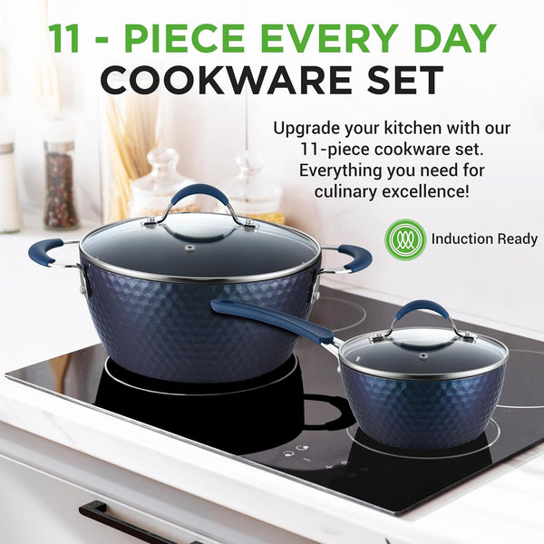 11-Piece Kitchen Cookware Set, Non-Stick Pots and Pans, Easy-To-Clean, Kitchen Utensils Set with Ceramic Coating for Home Cooking, Induction Safe, Diamond Pattern2