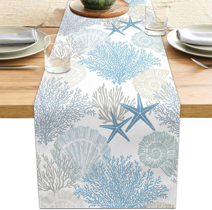 Linen Coastal Table Runner 13X71 Inch Blue Teal Summer Beach Nautical Table Runners Modern Kitchen Dining Table Decorations Rustic Coffee Table Dresser for Home Holiday Party Decor (Blue71)1