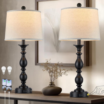 28" Black Modern Table Lamps Set of 2 with USB C+A Ports and AC Outlet, 3 Way Touch Control Tall Bedside Lamps for Bedroom, Metal Farmhouse Nightstand Lamps for Living Room1