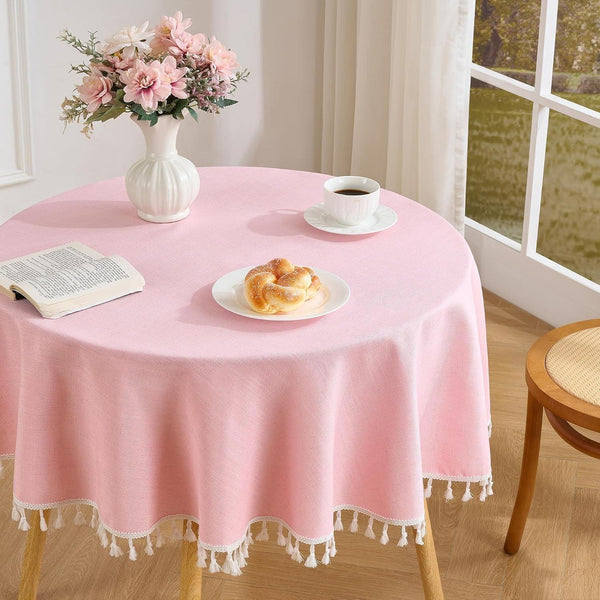 Pink round Tablecloth 55 Inch, Linen Style Fabric4