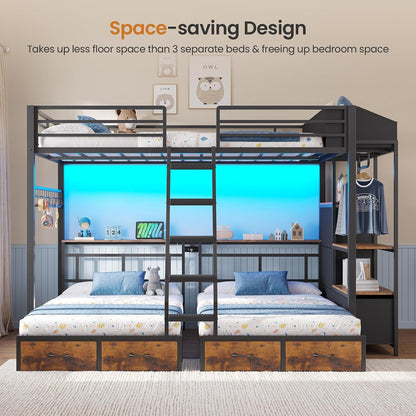 Triple Bunk Bed with 8 Storage Drawers,Charging Station and LED Lights Full over Twin Bunk Beds with Storage Headboard,Shelves & Boxes,Metal Bunk Beds for 3 with Safe Guardrail and Stair,Black9