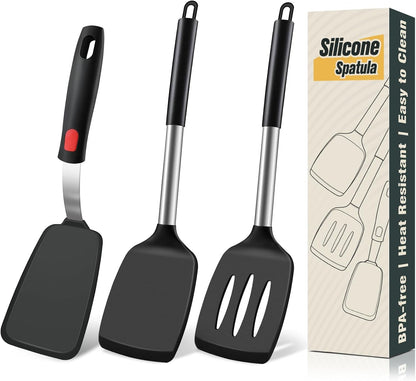 Silicone Spatula Set, Heat Resistant Solid & Slotted Turner for Non-Stick Pans, Silicone Cooking Utensils Set, Bpa-Free, Flexible Spatula Turner for Flipping Eggs, Burgers, Pancakes, Black, 3 PCS-A1