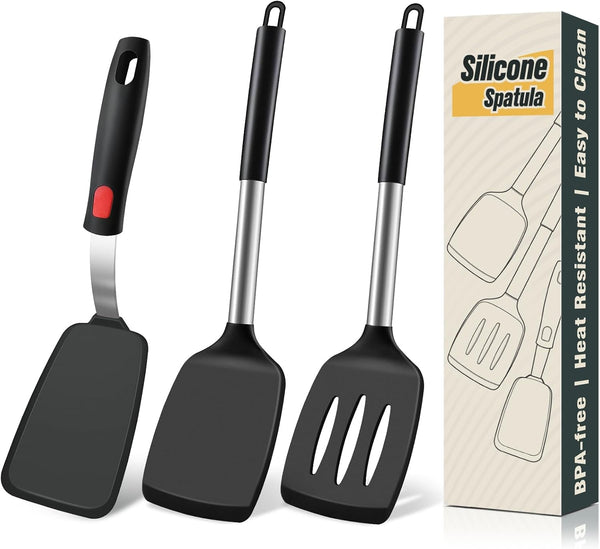 Silicone Spatula Set, Heat Resistant Solid & Slotted Turner for Non-Stick Pans, Silicone Cooking Utensils Set, Bpa-Free, Flexible Spatula Turner for Flipping Eggs, Burgers, Pancakes, Black, 3 PCS-A1