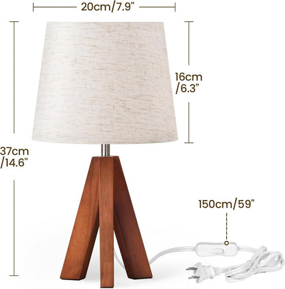 Tripod Table Lamp, 14.6 Inch Small Bedside Lamp with Beige Linen Shade, Modern Nightstand Lamp for Bedroom, Kids Room, Living Room, Nursery, Office, E26 Socket, Dark Wood Base, LE51TL057