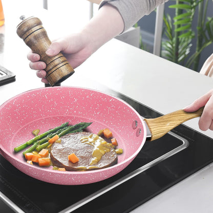 Frying Pan Nonstick Set, 8" & 9.5" & 11" Pink Egg Pan, Non Stick Fry Pan Set Pfoa-Free Omelet Pan, Toxin-Free Skillets Stone Cookware, Anti-Warp Base with All Stove Tops Available,Induction Compatible7
