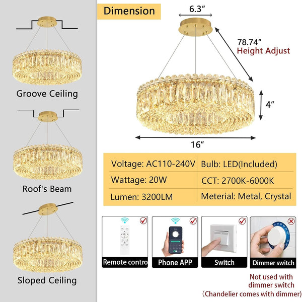 16'' Modern Crystal Pendant Lighting for Dining Room LED Dimmable Chandeliers Crystal Ceiling Light Fixtures for Living Room Foyer Hallway Entryway Gold3