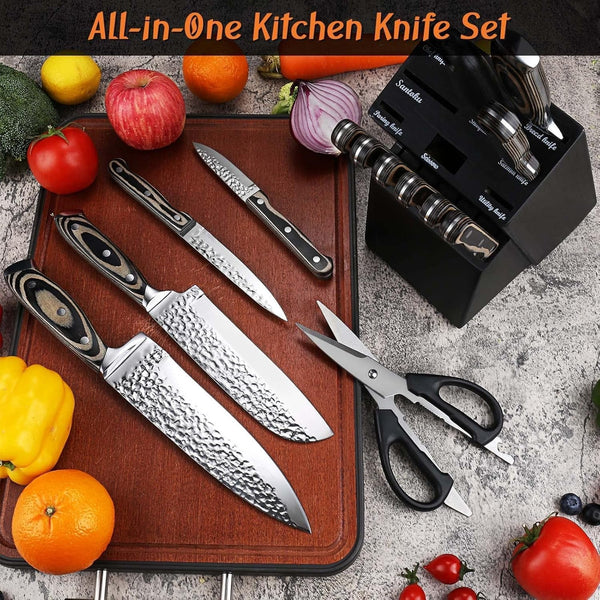 Kitchen Knife Set,15-Piece Knife Set with Block Wooden,Self Sharpening for Chef Knife Set,High Carbon Japan Stainless Steel Hammered Collection Knife Block Set with Steak Knives (Gray)8