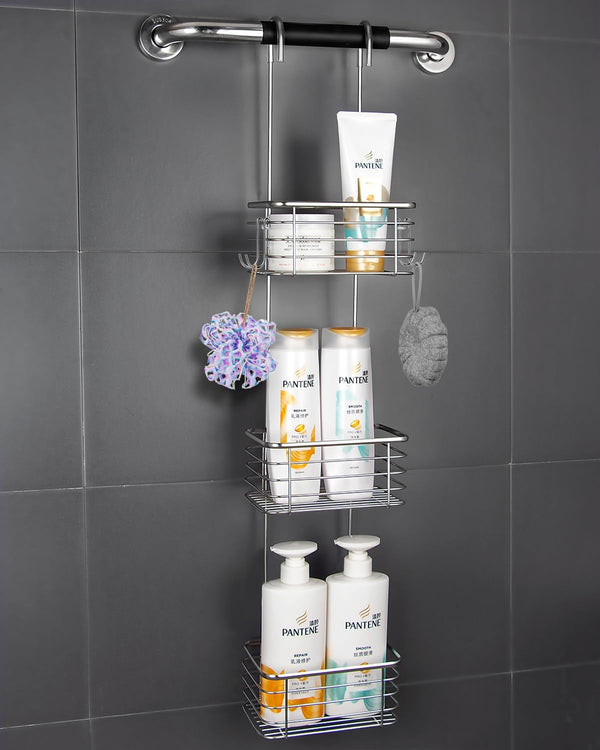 3-Tier Hanging Shower Rack - Door Organizer with 2 Hooks for Razor, Shower Balls and More (3 Tiers)3