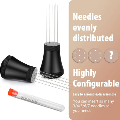 WDT Espresso Distribution Tool Espresso Stirrer Tools for Barista, 0.35Mm 7 Needles Espresso Coffee Stirrer with Extra 7 Replaceable Needles, Aluminum Alloy Handle with Stand (Black)2