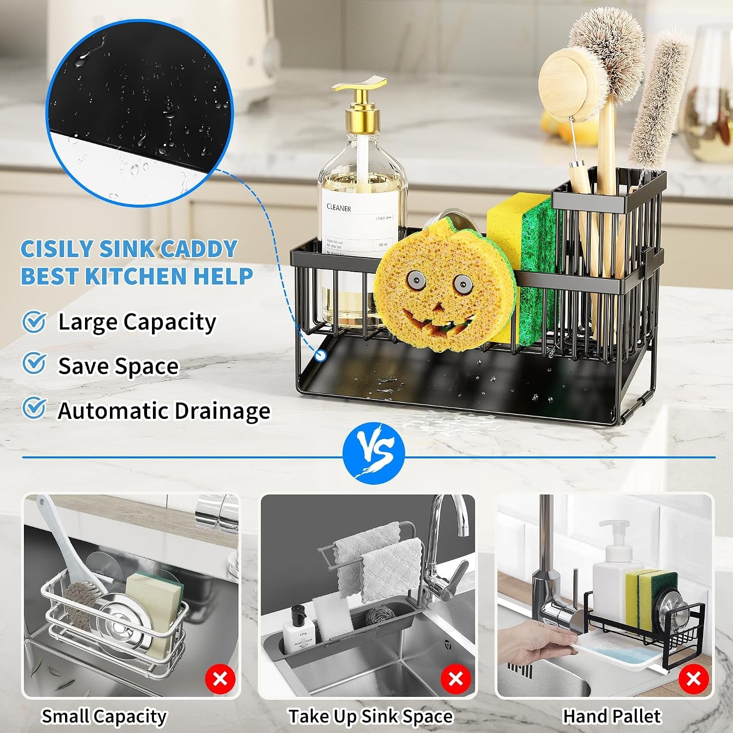 kitchen-sink-caddy-organzier-with-high-brush-holder-sponge-holder-for-sink-304-rustproof-stainless-kitchen-countertop-soap-dispenser-organizer-black-with-smiley-face-holder-9-25