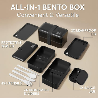 Bento Box Adult, Leakproof, All-In-1 Lunch Containers for Adults | 40 Oz, Microwave & Dishwasher Safe, 4 Utensils & Sauce Jar Included, Stackable, Bpa-Free, Matte Black3