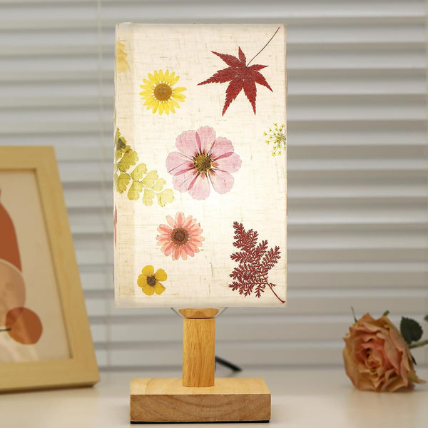 Dried Flowers Table Lamp 5W LED 3Color Temperatures Pressed Flower Bedside Lamp Square Linen Shade with Wood Base for Bedroom Living Room2