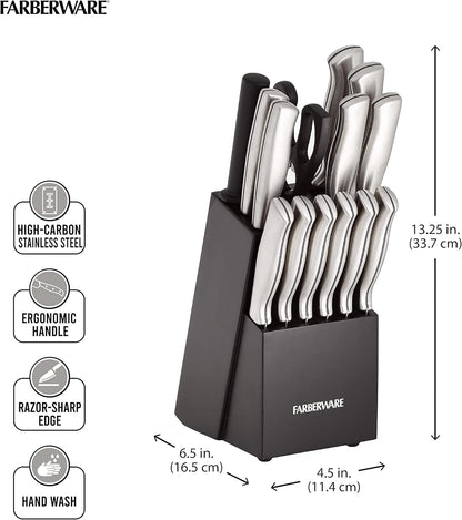 15-Piece Kitchen Knife Set, High-Carbon Stainless Steel Blades with Wood Block, Steak Knives, Sharpening Tool & All-Purpose Shears, Razor Sharp, Ergonomic Stainless Steel Handles2