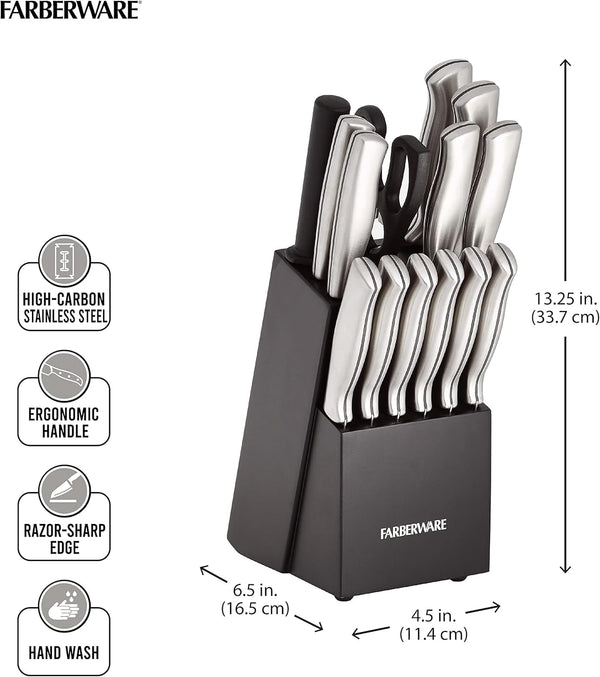 15-Piece Kitchen Knife Set, High-Carbon Stainless Steel Blades with Wood Block, Steak Knives, Sharpening Tool & All-Purpose Shears, Razor Sharp, Ergonomic Stainless Steel Handles2
