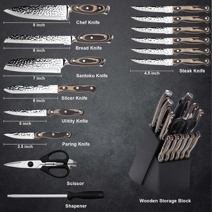 Kitchen Knife Set,15-Piece Knife Set with Block Wooden,Self Sharpening for Chef Knife Set,High Carbon Japan Stainless Steel Hammered Collection Knife Block Set with Steak Knives (Gray)2
