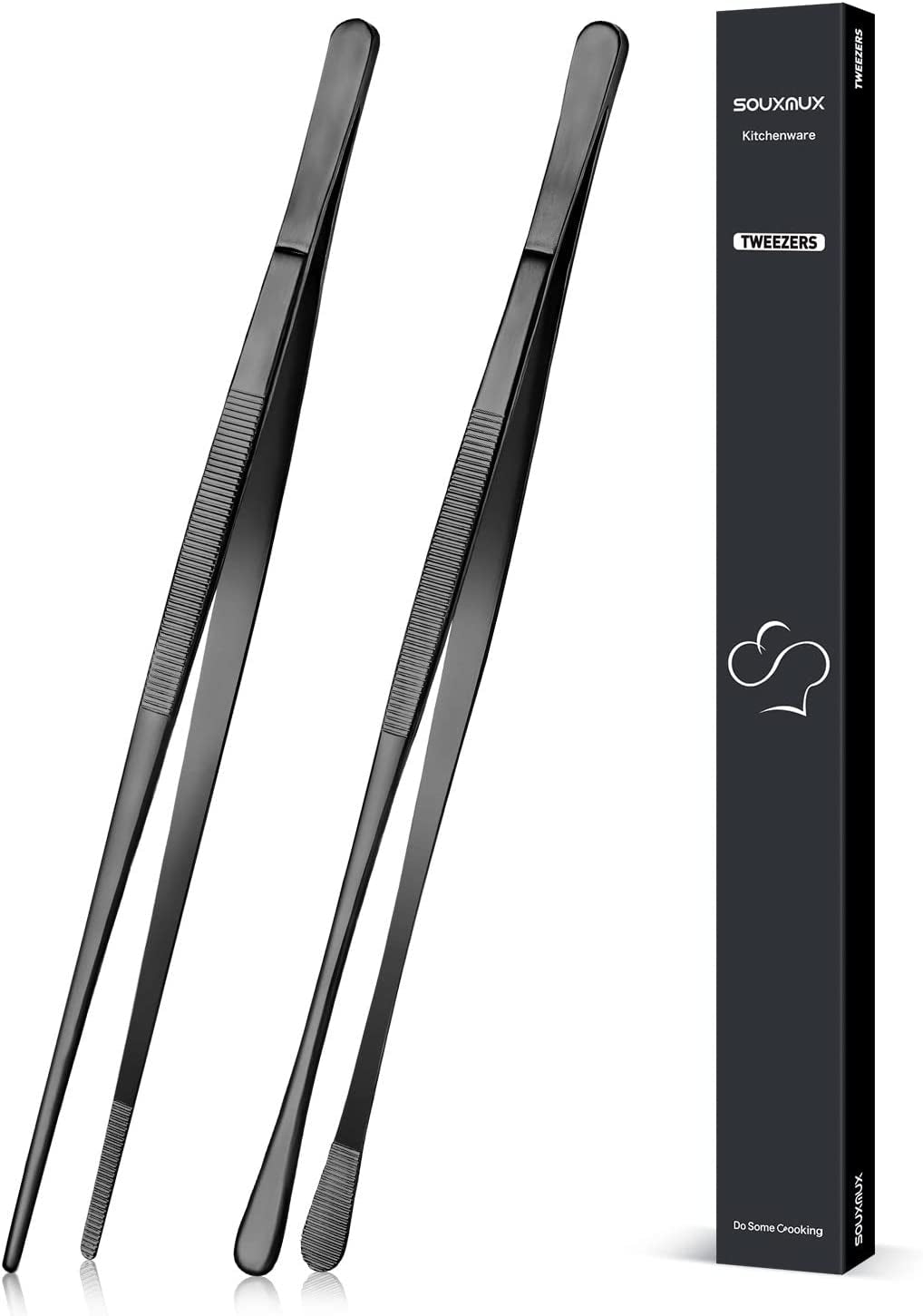 2-pcs-12-inch-cooking-tweezers-tongs-precision-serrated-tips-stainless-steel-professional-chef-tweezer-kitchen-tools-for-bbq-plating-and-serving-black