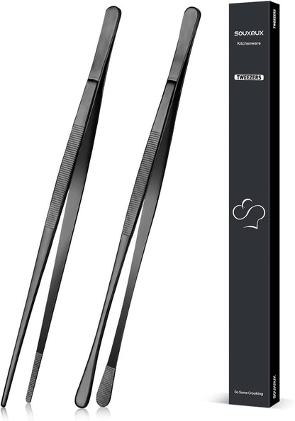 2 Pcs 12-Inch Cooking Tweezers Tongs Precision Serrated Tips, Stainless Steel Professional Chef Tweezer Kitchen Tools for BBQ, Plating and Serving (Black)1