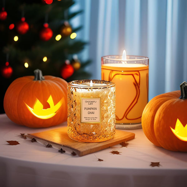 Pumpkin Chai Candles Halloween Candle Gift, Farmhouse Candles for Home, Luxury Scented Soy Jar Fall Candle with up to 55 Hour Long Lasting, Home Decor, Barn Fall Decor Pottery, 8.1Oz3