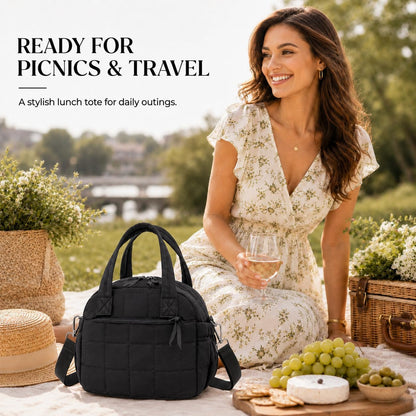 Lunch Box for Women, Quilted Insulated Lunch Bag, Puffy Lunch Tote with Adjustable Shoulder Strap for Work School Travel (Black, Regular 9L)3