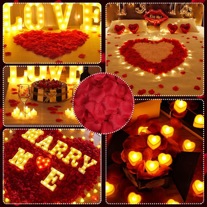 Rose Petals and Candles Set for Romantic Decoration, 3000 Pcs Red Rose Petals and 36 Pcs Heart Candle Lights for Special Night, Wedding, Anniversary, Valentine Day for Hotel and Bedroom Decor6