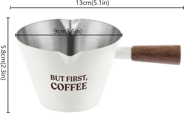 Espresso Measuring Cup with Handle, DV 6.8Oz/200Ml Stainless Steel Espresso Cups with Walnut Wood Handle & Double Spouts, Cream White Coffee Measuring Cup2
