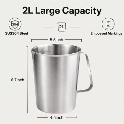 64Oz/8Cup Stainless Steel Pitcher (SUS304), 2 Liter Metal Container for Water, Milk, Liquid with Handle with Engraved Markings, Silver2