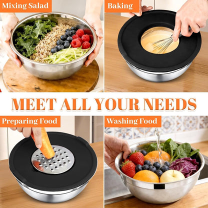 21PCS Mixing Bowls with Lids Set - 7 Nesting Mixing Bowls, 3 Graters, 11 Baking Tools, Lids, Stainless Steel Mixing Bowls for Mixing & Baking, Size 0.7/1.1/1.5/2.1/3.5/4/4.5 QT, Black7