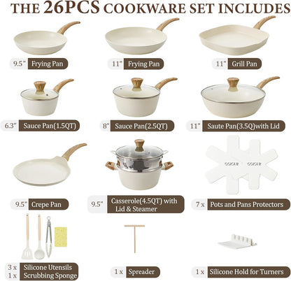 26Pcs Pots and Pans Nonstick Ceramic Cookware Set Nontoxic Kitchen Cooking Set with Steamers Utensils Induction Compatible, PFAS/PFOA Free, Oven and Dishwasher Safe, Cream White2