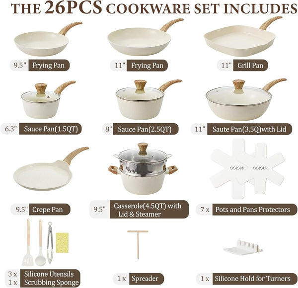 26Pcs Pots and Pans Nonstick Ceramic Cookware Set Nontoxic Kitchen Cooking Set with Steamers Utensils Induction Compatible, PFAS/PFOA Free, Oven and Dishwasher Safe, Cream White2