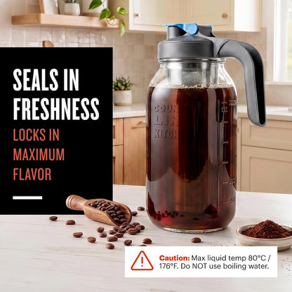 64Oz Cold Brew Coffee Maker with Leak Proof Lid - Gray | Glass Cold Brew Coffee Maker - Wide Mouth Mason Jar, Stainless Steel Filter & Leak-Proof Lid (64 Oz)3