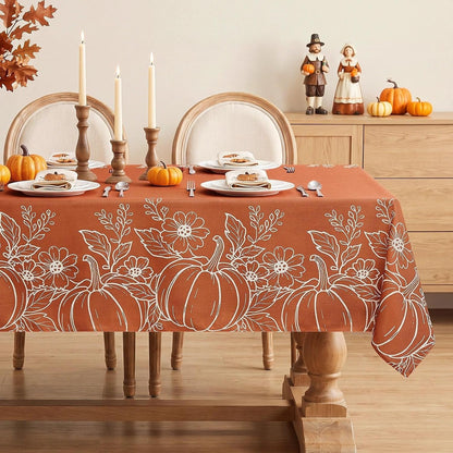 Large Fall Tablecloth Rectangle 60X104 Inch, Faux Linen Autumn Table Cloths with Maple Leaves & Pumpkin, Water Resistant, Orange Table Cover Decor for Fall, Dining,Kitchen-Harvest Themed1