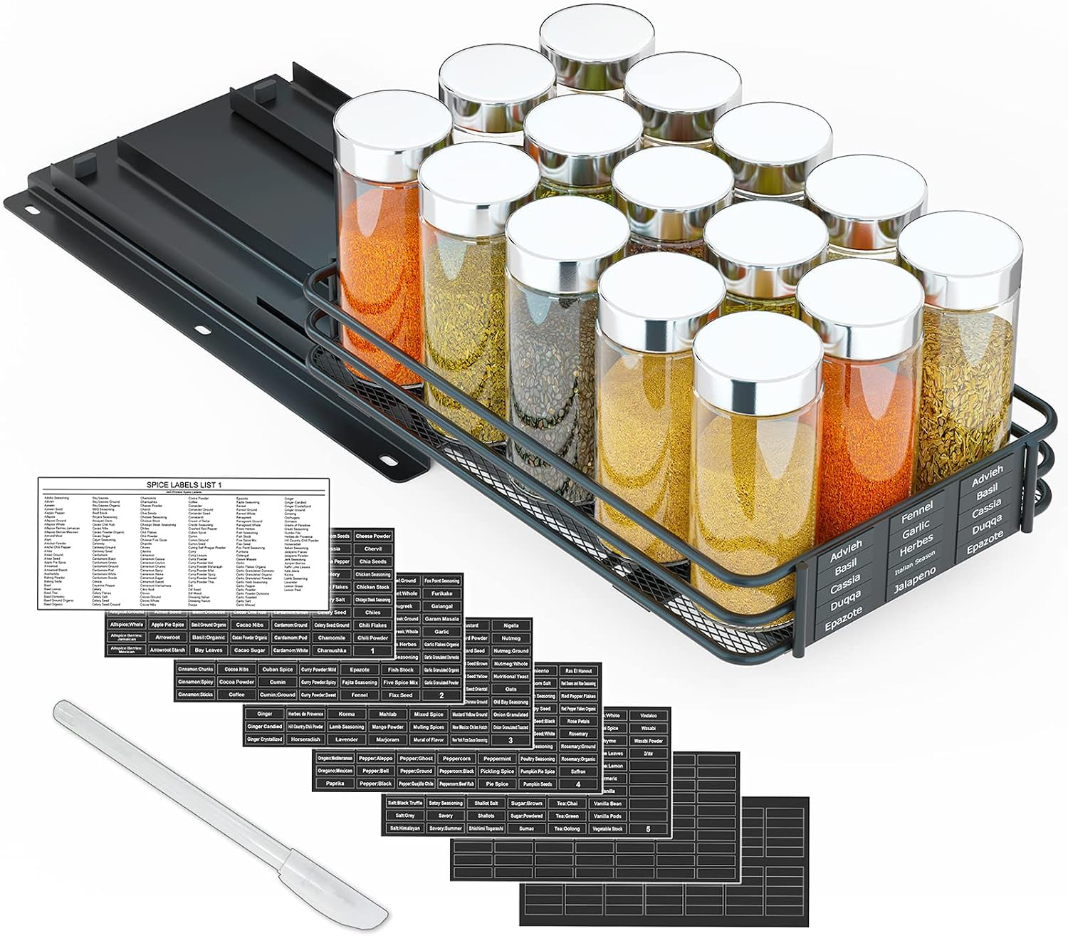 pull-out-spice-rack-organizer-for-cabinet-heavy-duty-slide-out-seasoning-kitchen-organizer-cabinet-organizer-with-labels-and-chalk-marker-6-5-w-x10-75-d-x2-5-h-1-drawer-1-tier