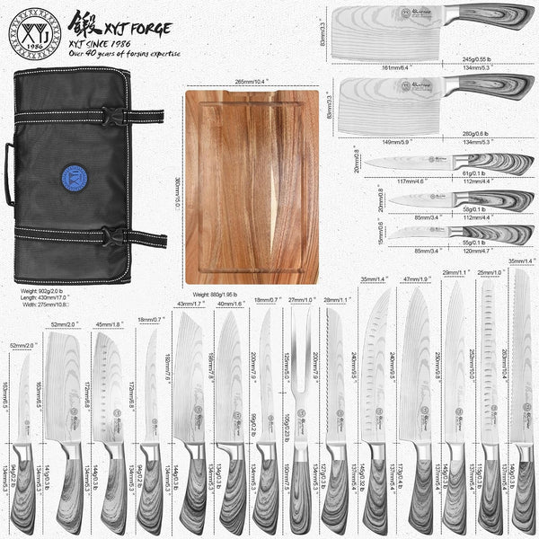 19-Piece Kitchen Knife Set, Damascus Pattern Stainless Steel Blades, Ergonomic Grey Wood-Effect Handles, Multipurpose Professional Chef Knives for Cooking | Multi-Size Knives for Different Scenarios, Acacia Wood Cutting Board Included, Ergonomic Grey Wood-Effect Handles2