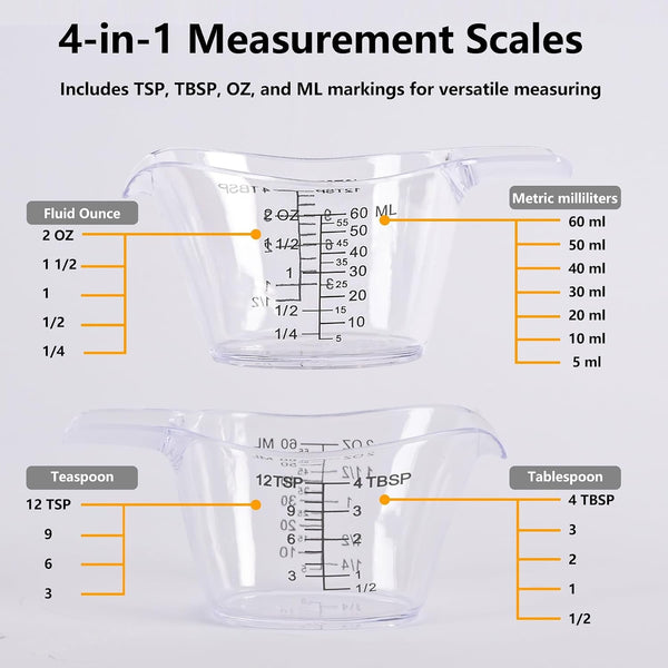 2 Pack Small Measuring Cups, 2Oz/60Ml Mini Measuring Cup with Tsp/Tbsp/Oz/Ml Markings, Clear Easy-Read Scale for Kitchen, Resin, DIY, Beauty Mixing (2)3