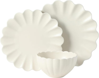 Bistro Fleur Plates and Bowls Sets, 12-Piece Stoneware Dinnerware Set for 4, Ivory White Scalloped Dish Set with Dinner Plates, Salad Plates & Bowls8