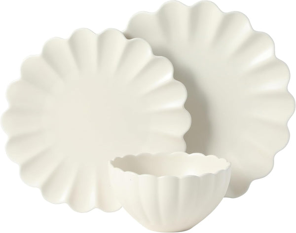 Bistro Fleur Plates and Bowls Sets, 12-Piece Stoneware Dinnerware Set for 4, Ivory White Scalloped Dish Set with Dinner Plates, Salad Plates & Bowls8