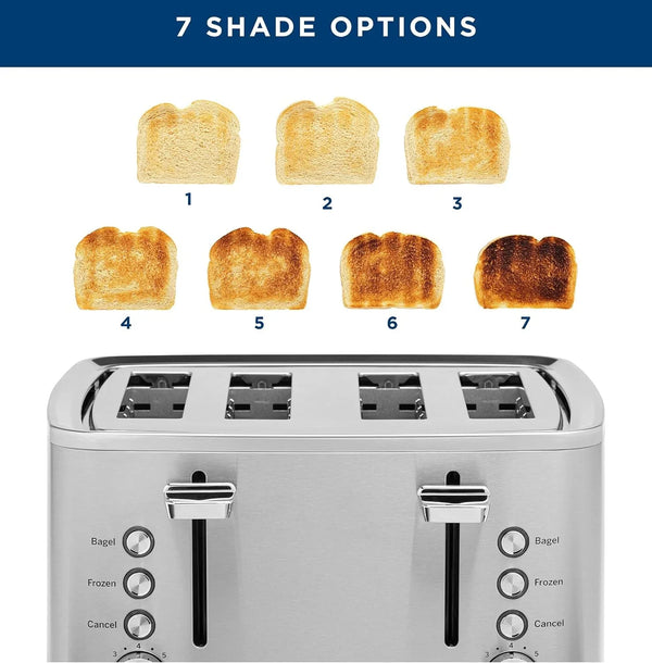GE Stainless Steel 4 Slice Toaster | Extra Wide Slots for Bagels, Breads, Waffles & More | 7 Shade Options | Countertop Kitchen Essentials | 1500 Watt4
