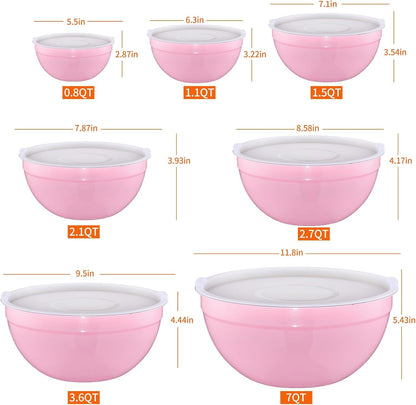 Pink Mixing Bowls with Airtight Lids,Stainless Steel Bowl,Salad Bowls 7 Piece Colorful Nesting Bowl Pink Kitchen Accessories,Size 7,3.6,2.7,2.1,1.5,1.1,0.8QT Stackable Design2