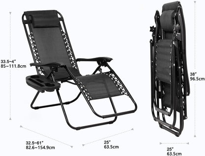 Set of 2 Relaxing Recliners Patio Chairs Adjustable Steel Mesh Zero Gravity Lounge Chair Beach Chairs with Pillow and Cup Holder Black3