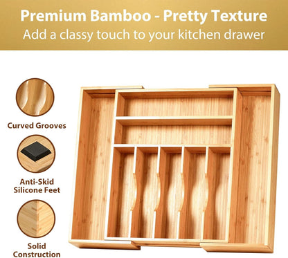Large Expandable Kitchen Silverware Utensils Drawer Organizer, 2.5" Extra High Adjustable Drawer Divider with Curved Grooves, Bamboo Wood Cutlery Tray Flatware Holder3