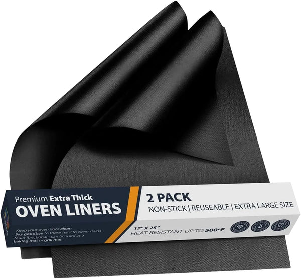 Oven Liners for Bottom of Oven - 2 Pack Large Heavy Duty Mats, 17”X25” Non-Stick Reusable Liner for Electric, Gas, Toaster Ovens, Grills - BPA & PFOA Free Kitchen Accessory to Keep Oven Clean (Black)1