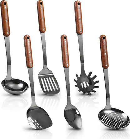 Stainless Steel Mirror Polished Kitchen Utensils Set - 6Pcs Cooking Utensils Set with Wooden Handle, Heat Resistant Kitchen Tool Set for Cooking with Turners,Spatula,Ladle,Skimmer,Solid Spoon,Pasta1