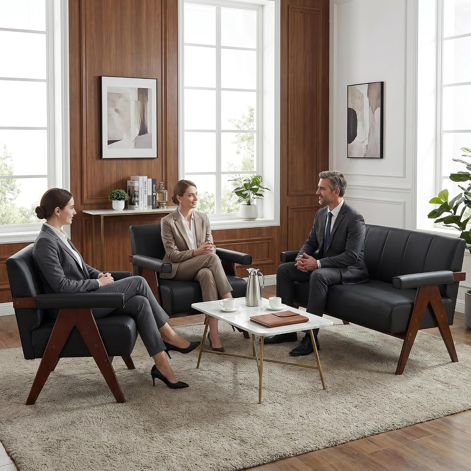 50-small-black-faux-leather-sofa-couch-wooden-office-loveseat