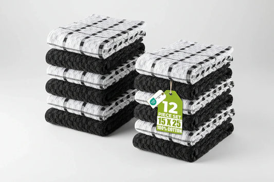 Kitchen Towels 12 Pack Black & White 15x25 Cotton